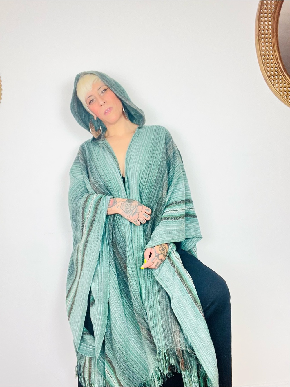 Vintage Striped Green Hooded Poncho Coat Shawl Cape- Lightweight Women's Wrap